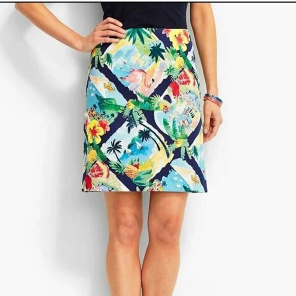 TALBOTS PETITE PENCIL SKIRT TROPICAL SZ 16 FLAMINGO PINEAPPLES BEACHY VACAY CHIC - Picture 2 of 7